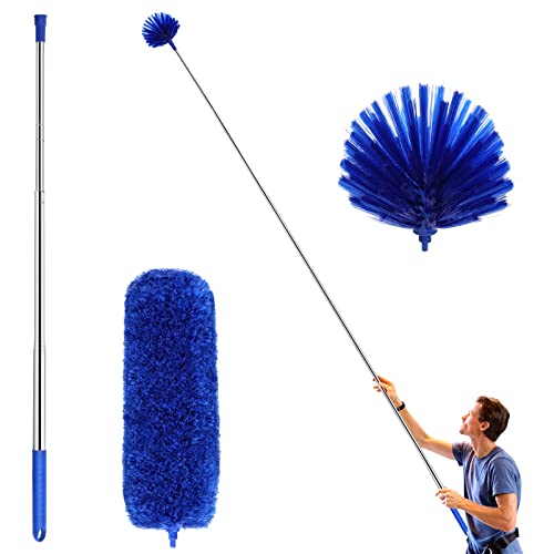 ZZ LAZYCOTTAGE Ceiling Fan Duster with Extension Pole, Cobweb & Corner Brush Cleaning Kit w 2 Duster Heads for Cleaning,15-100 Inch Long Handle Aluminum Telescoping Pole, Washable（Blue）