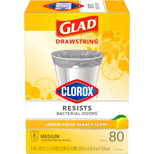 Glad Trash Bags, Medium Drawstring Garbage Bags with Clorox, 8 Gallon Grey Trash Bags, Lemon Fresh Bleach Scent, (Package May Vary), Lemon, 80 Count